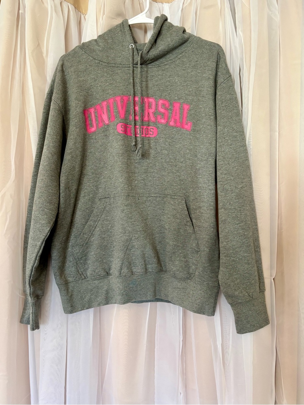 Universal Size M Gray Hoodie with Hot Pink Logo